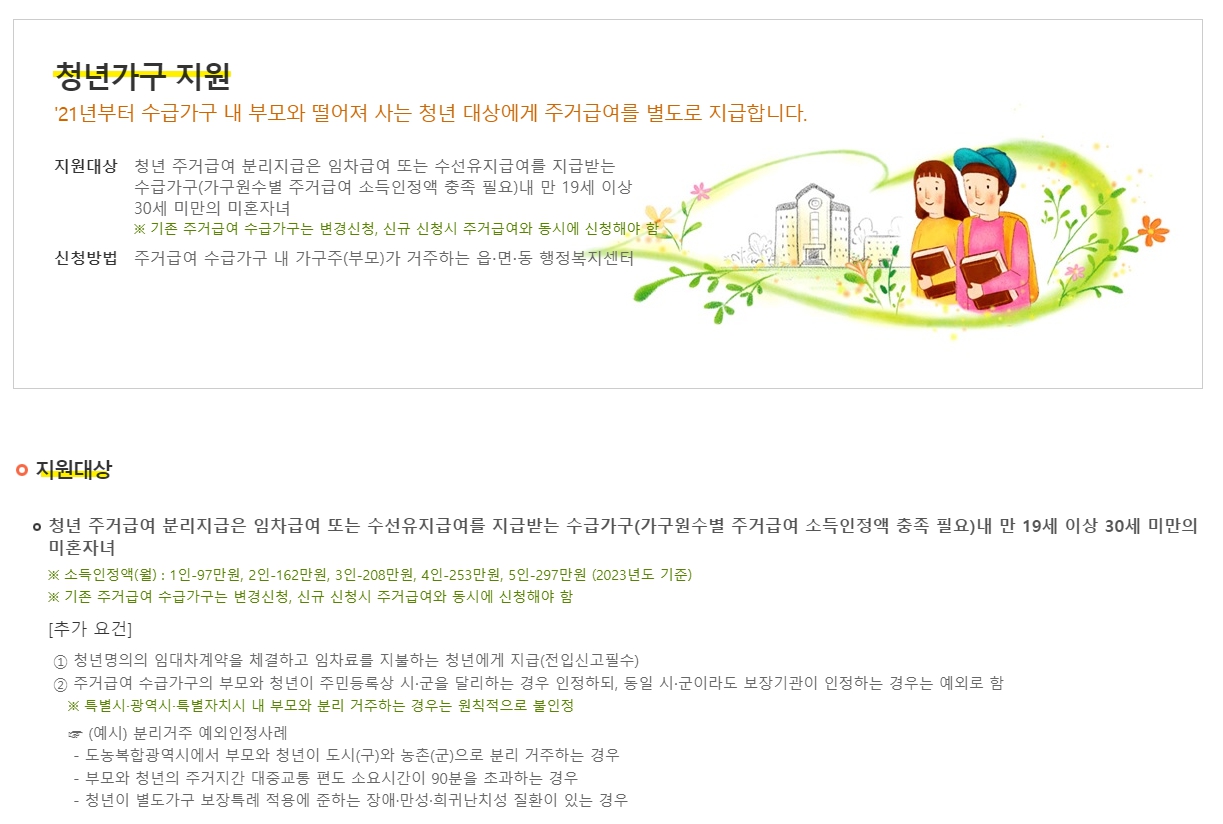 주거급여 청년가구 지원대상과 요건