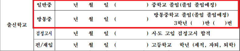 입학 원서 중학교 졸업 및 졸업 예정 작성