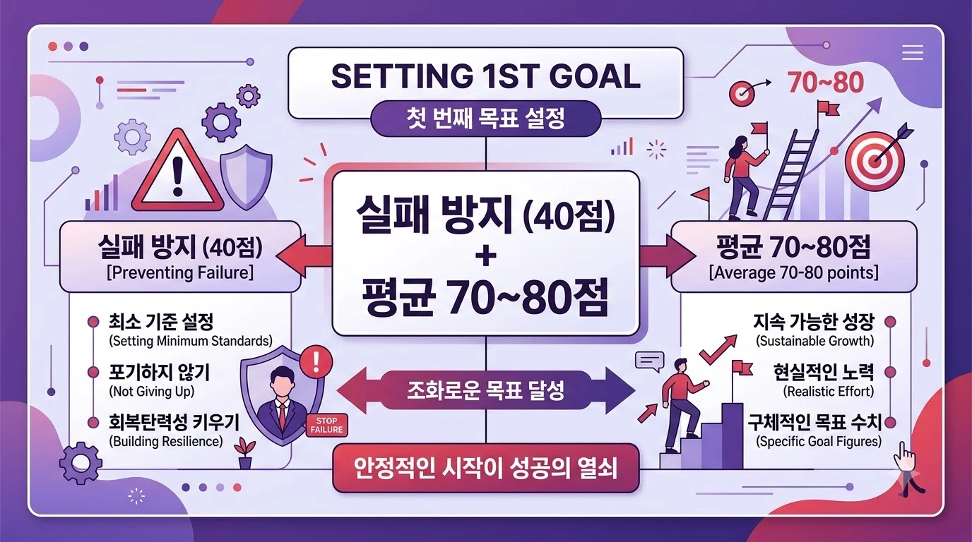 1차 시험 목표 설정(과락 방지, 평균 70~80점)을 보여주는 인포그래픽