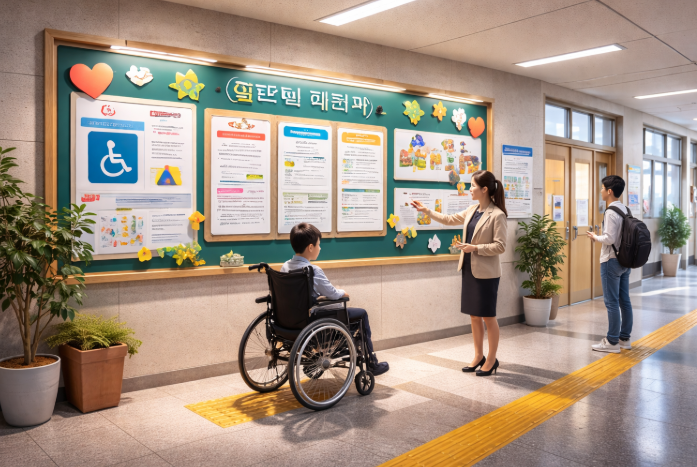 학교 복도 게시판 앞에서 교사가 특수교육 안내 자료를 설명하고 있으며, 휠체어를 탄 학생과 보호자가 내용을 확인하는 장면