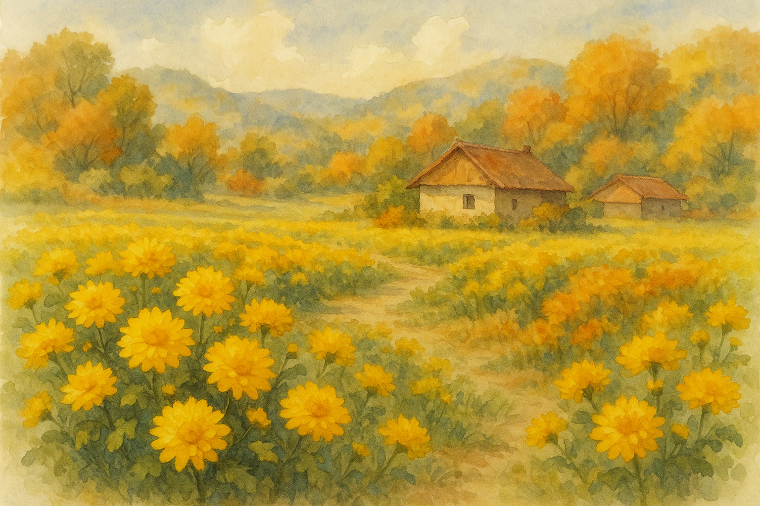노란 국화꽃이 가득한 시골 풍경, 가을 느낌 가득한 수채화 스타일, 고해상도 이미지 생성