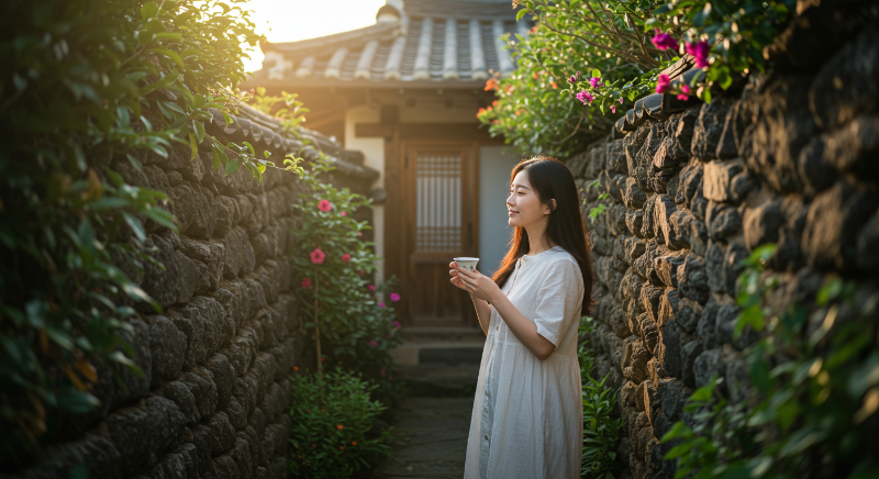 제주 돌담집 마당에서 아침을 맞이하며 평화로운 시간을 보내는 여성
