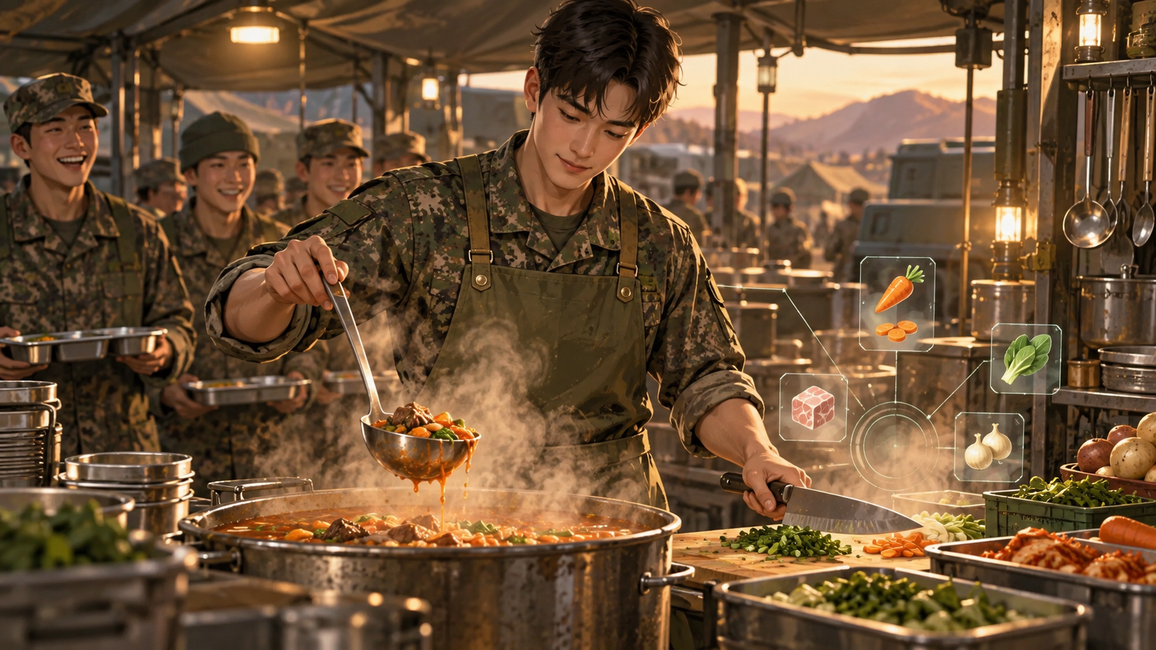군 야전 취사장에서 동료들의 식사를 준비하며 성장하는 젊은 취사병의 따뜻한 일러스트