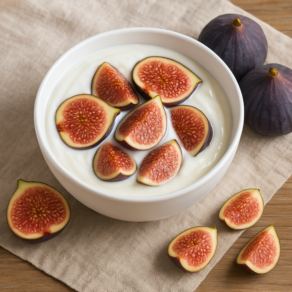 요거트 위에 올려진 반으로 자른 무화과 조각들
