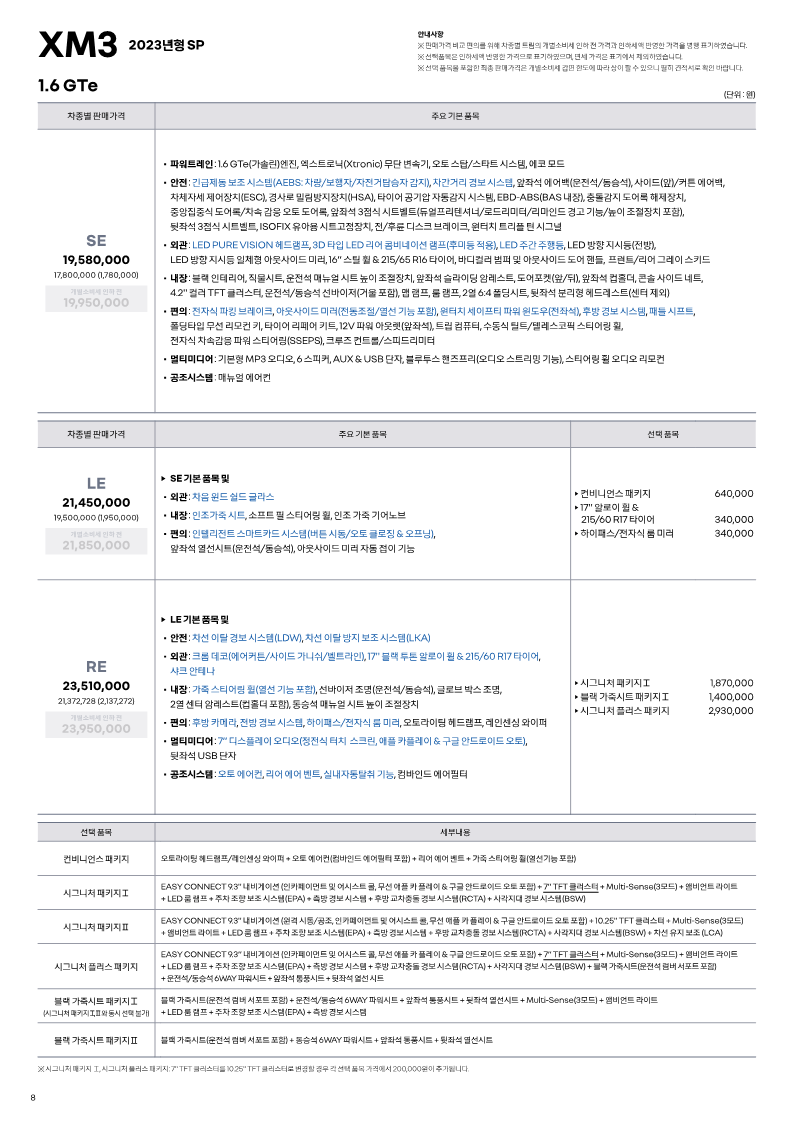 르노 XM3 1.6 가솔린 자연흡기 모델 가격표