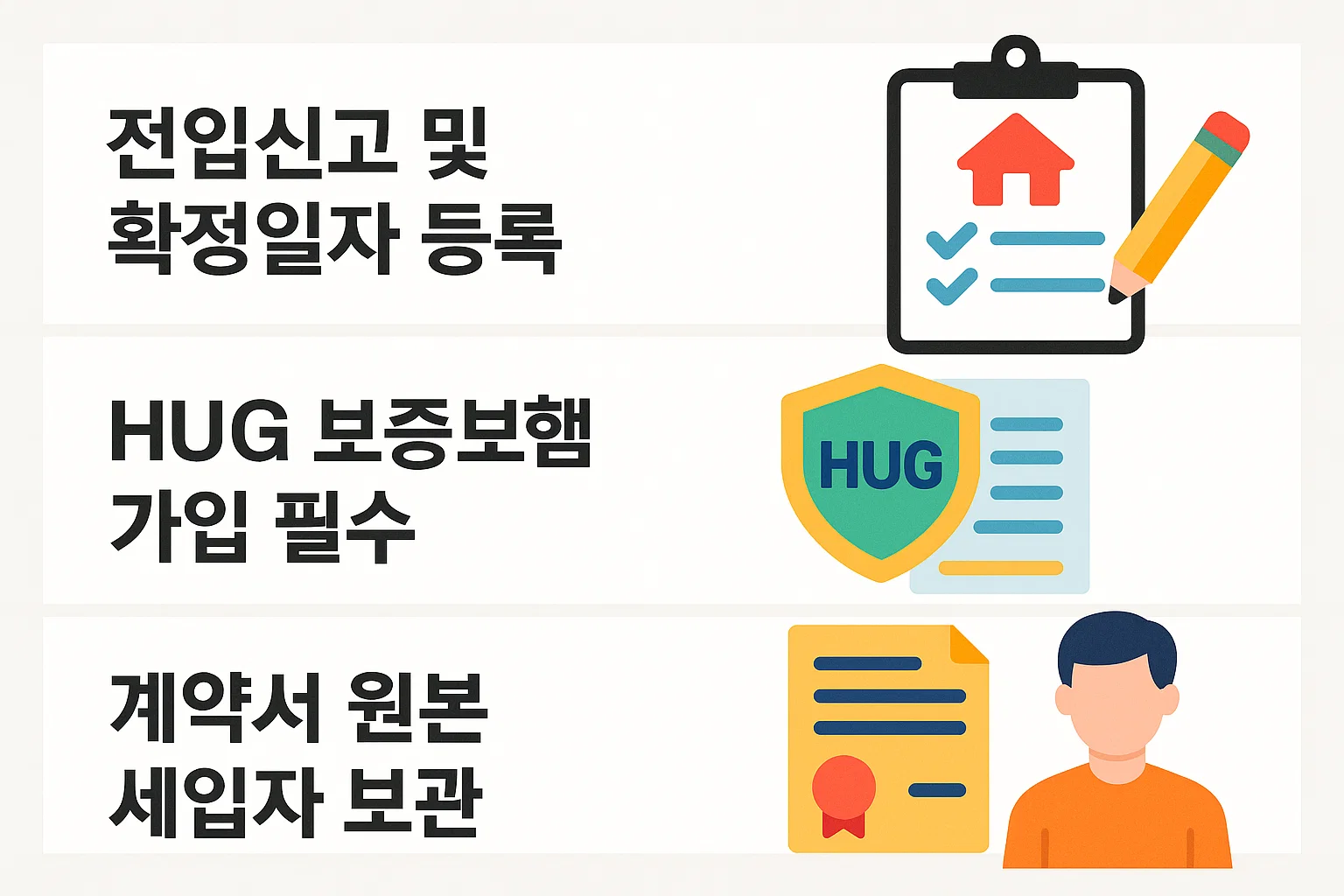 전입신고 및 확정일자 등록, HUG 보증보험 가입, 계약서 원본 보관 등 보증금을 안전하게 지키기 위한 3단계 보호 절차를 정리한 인포그래픽.
