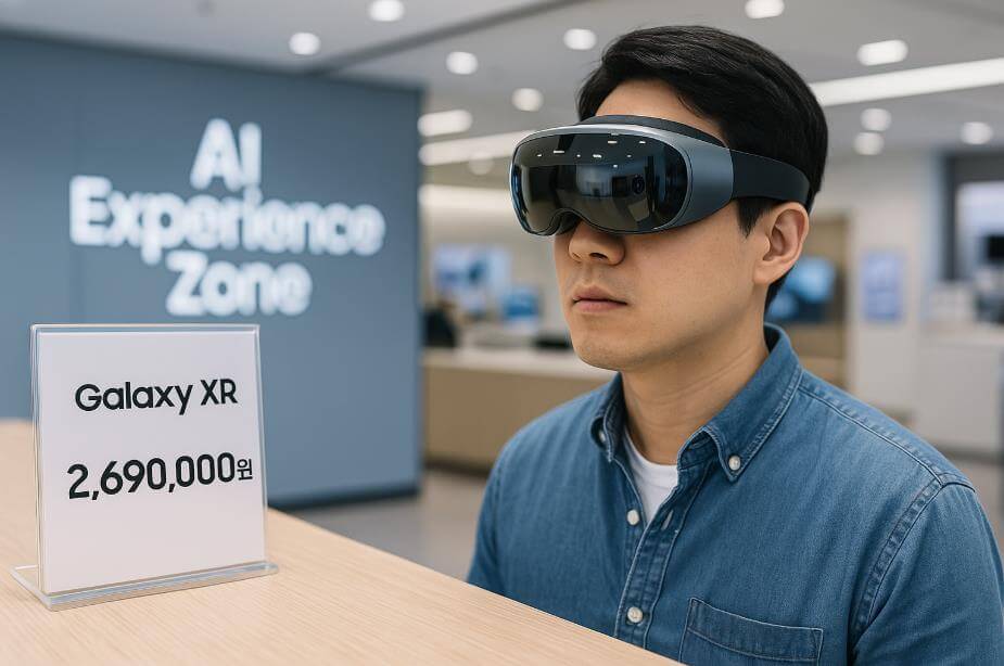 갤럭시 XR 체험존에서 소비자가 제품을 착용해보는 장면