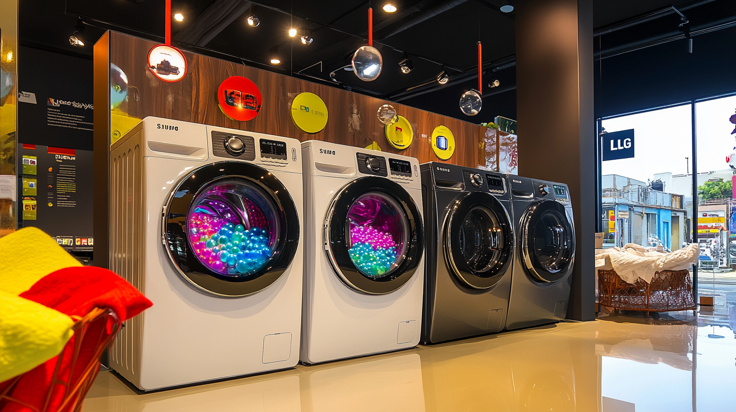 삼성과 LG 세탁기가 나란히 비교된 장면으로, 주변에 비누 거품과 부드러운 천들이 생동감 있게 배치된 모습.
