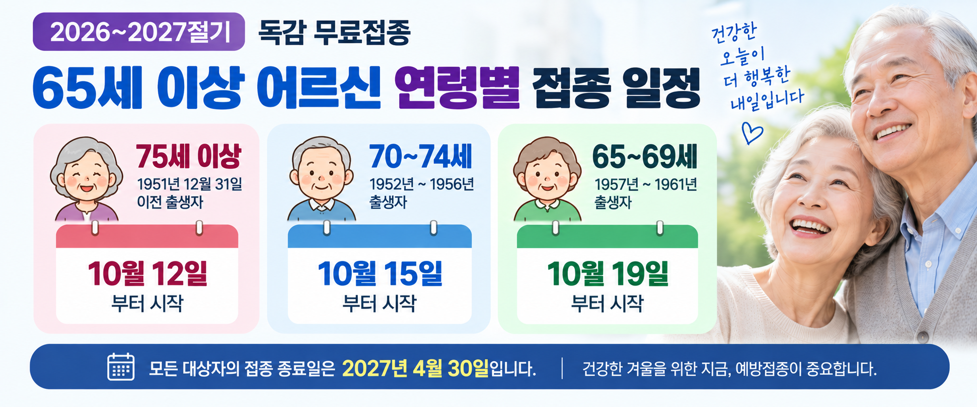 2026 65세 이상 독감 무료접종 연령별 10월 12일 15일 19일 일정 이미지