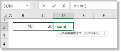 SUM 함수 셀에 직접 입력 및 "인수 도움말"