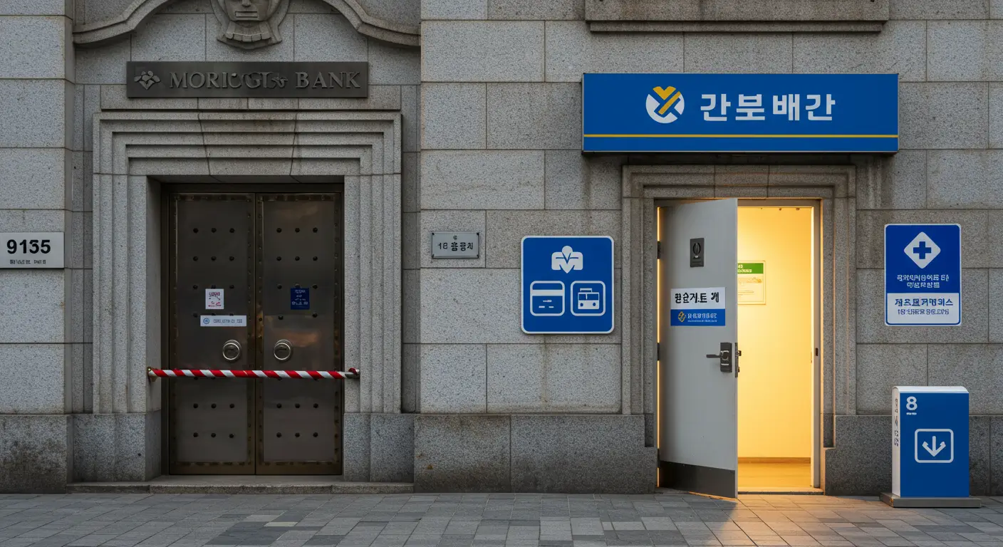닫힌 1금융권 은행 문 옆에, 추정소득으로 들어갈 수 있는 저축은행의 열린 문을 발견하는 모습
