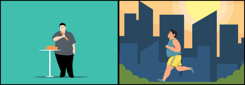 음식먹는 사람과 운동하는 사람 사진