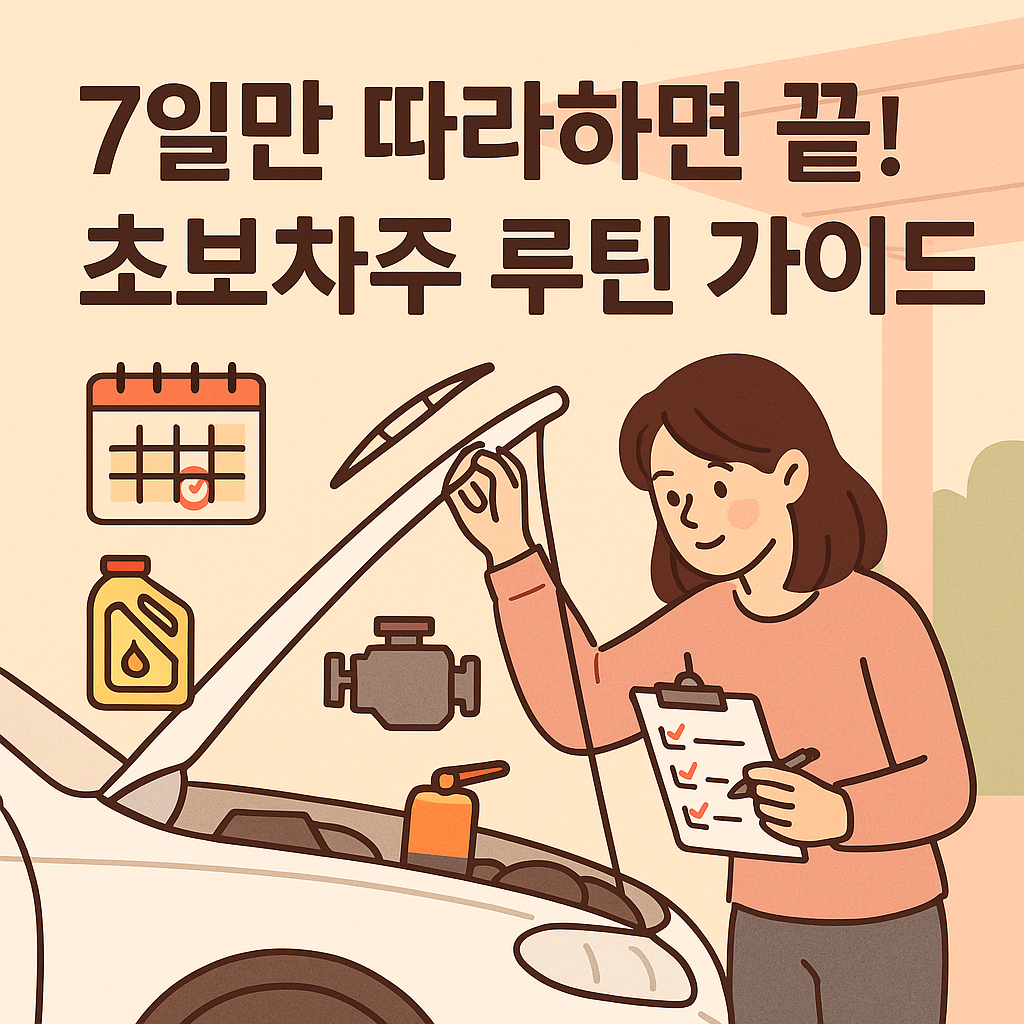 자동차 점검 중인 여성 운전자와 7일 루틴 체크리스트 일러스트