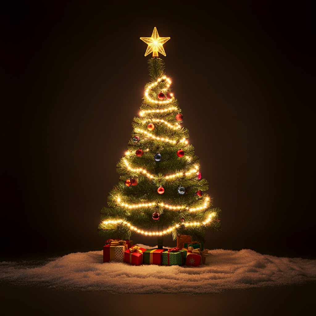 황금빛 띠와 다채로운 색상의 장식으로 장식된 크리스마스 트리&amp;#44; 풍성한 선물 박스가 놓인 따뜻한 분위기