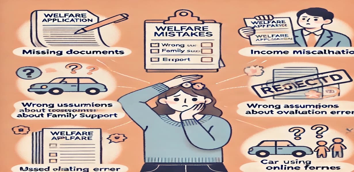 복지 신청 실수 사례를 표현한 대표 이미지 – 당황한 여성과 7가지 실수 아이콘 포함