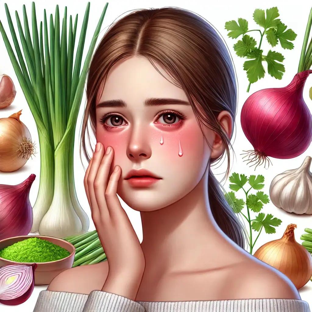 양파, 마늘, 부추, 파, 샬롯, 쪽파 등에 알레르기 반응으로 눈에 가려움증을 느끼는 모습