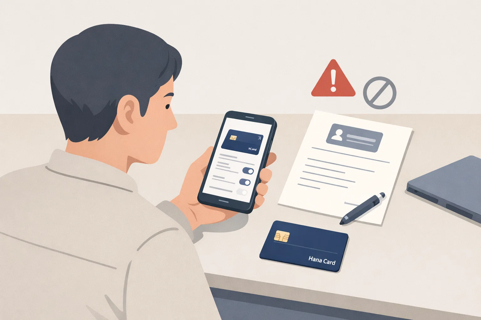 하나카드 사용등록과 분실신고, 앱 관리처럼 실제 이용 중 자주 필요한 기능을 확인하는 흐름을 보여주는 이미지