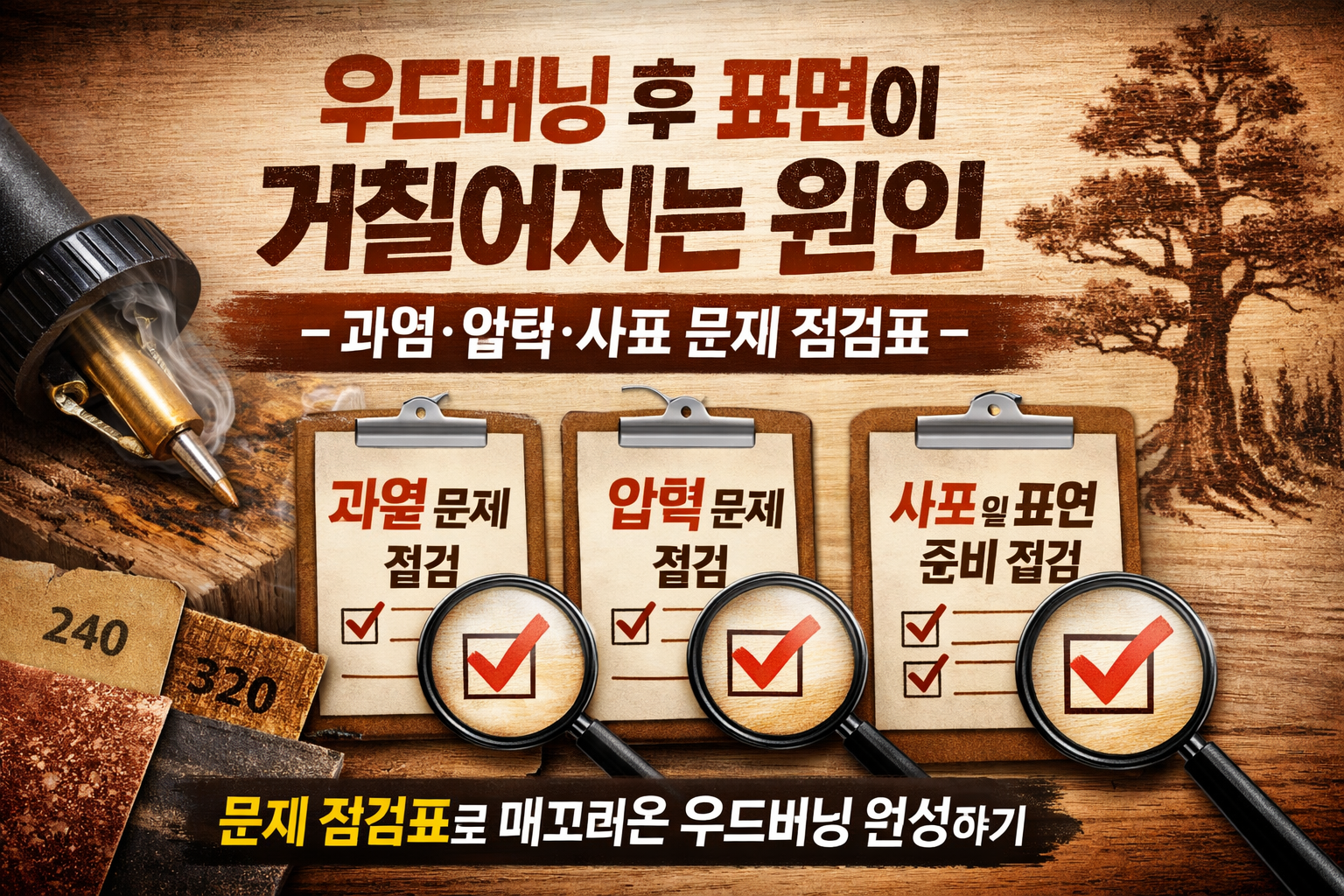 우드버닝 후 표면이 거칠어지는 원인 &ndash; 과열&middot;압력&middot;사포 문제 점검표