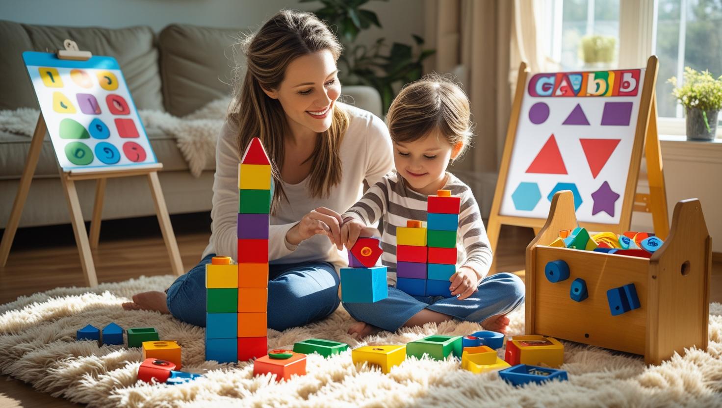 아이랑 엄마가 블록 놀이 하는 모습