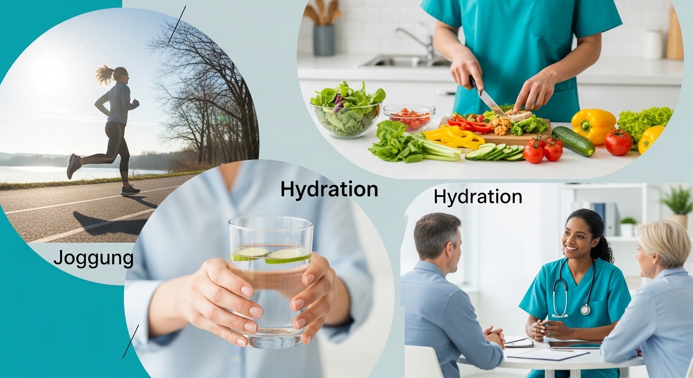 조깅, 건강한 식단, 의사 상담 등 혈관 건강을 위한 다양한 생활 습관을 보여주는 활기찬 이미지