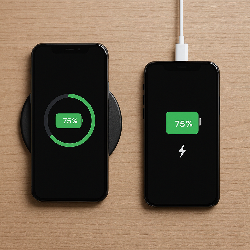 스마트폰을-무선충전기와-유선충전-케이블로-동시에-충전하는-장면으로-무선충전이-유선충전보다-왜-느린지를-시각적으로-보여주는-이미지
