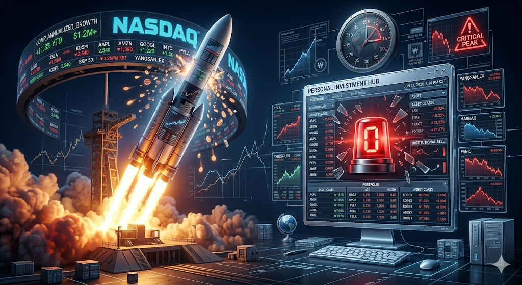 2026년 6월 22일 월요일 아침, 일론 머스크의 스페이스X 우주선이 거대한 불꽃을 뿜으며 나스닥 전광판을 뚫고 솟구치지만, 한국 투자자들의 계좌판에는 '배정 물량 0주'라는 붉은색 경고등이 선명하게 깜빡이며 차갑게 얼어붙은 대조적인 3D 금융 쇼크 인포그래픽