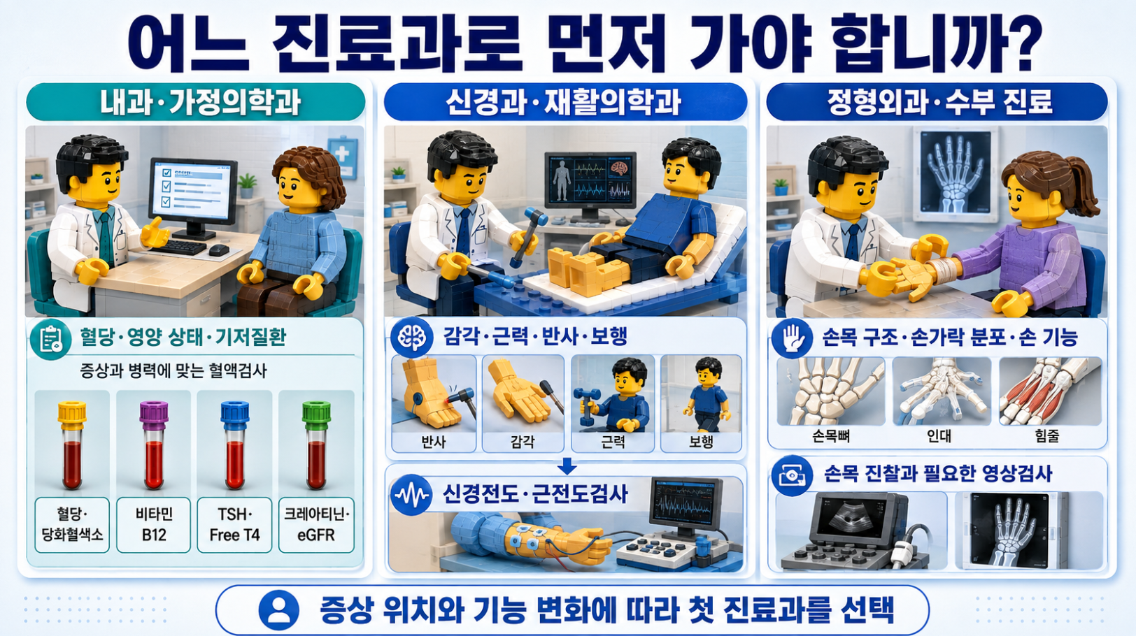 손발 저림 증상에 따라 내과·가정의학과, 신경과·재활의학과, 정형외과·수부 진료에서 확인하는 내용과 관련 검사를 비교한 레고 스타일 인포그래픽