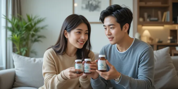 여러 영양제를 비교하며 알파리포산 제품을 고르고 있는 커플의 모습