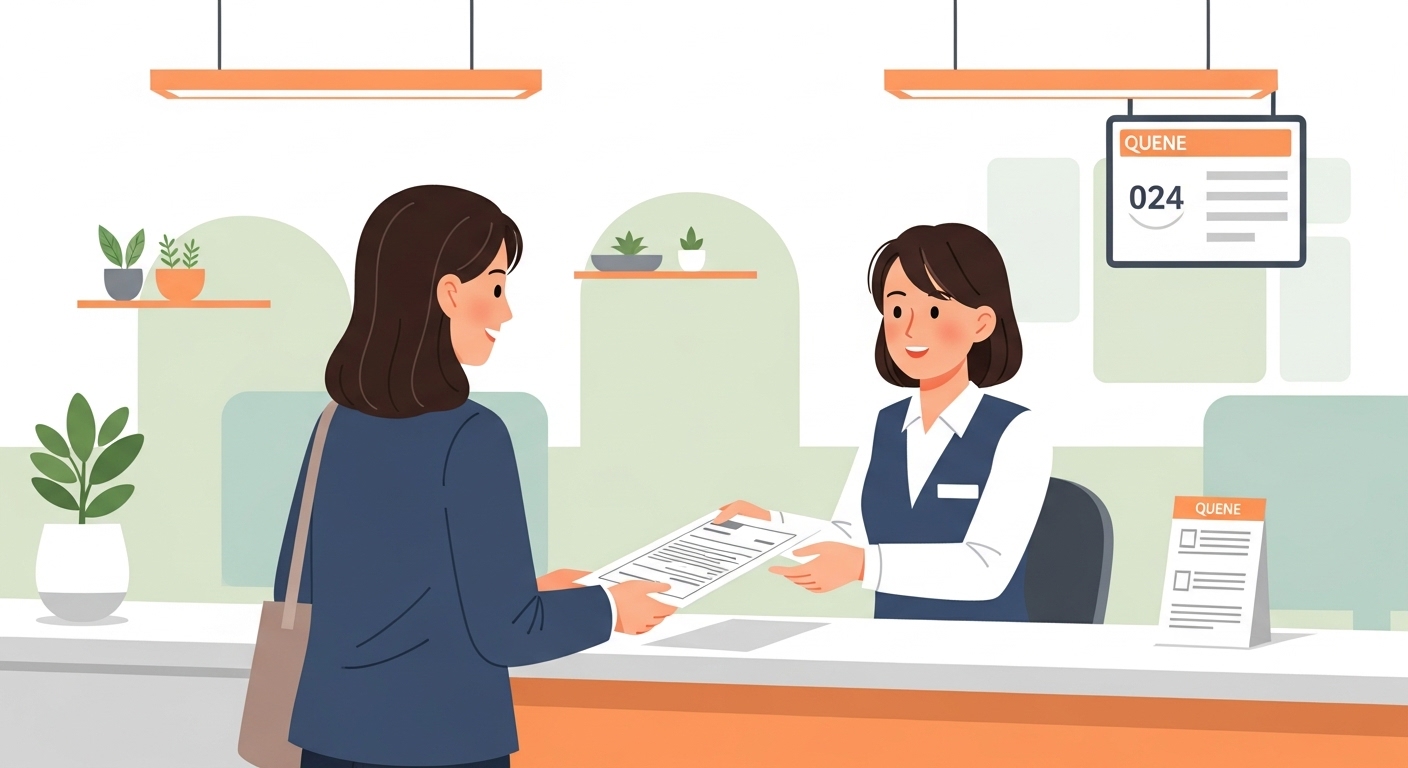 주민센터 창구에서 친절한 공무원에게 출생 관련 증명서를 발급받는 부모의 모습.