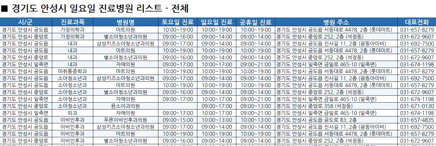 안성시-일요일-진료병원-리스트-예시