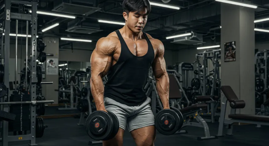 헬스장에서 덤벨 운동을 하고있는 남성 이미지