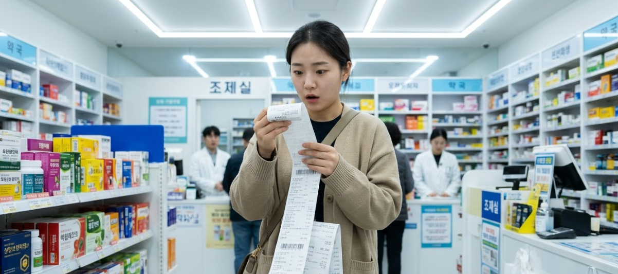 긴 약국 영수증을 들고 고개를 갸우뚱하며 당황하는 소비자의 모습