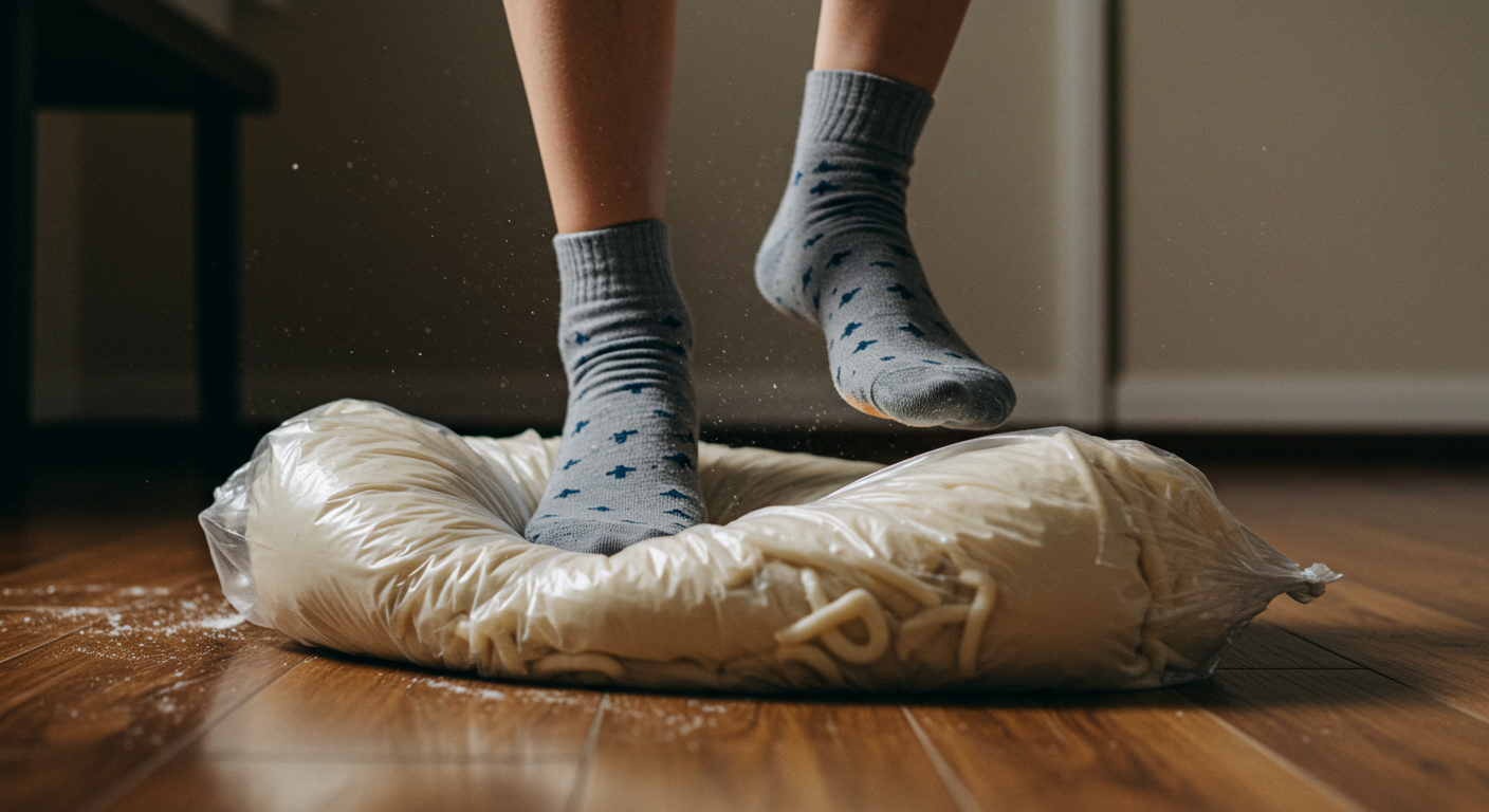 비닐에 담긴 우동 반죽을 발로 밟는 모습