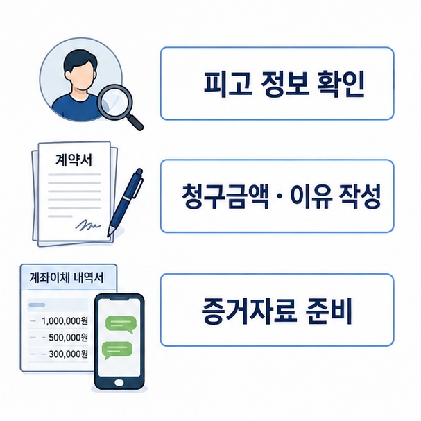 소액심판 청구를 위해 상대방 정보와 청구금액, 계약서와 송금내역 등 증거를 준비하는 과정을 설명한 이미지