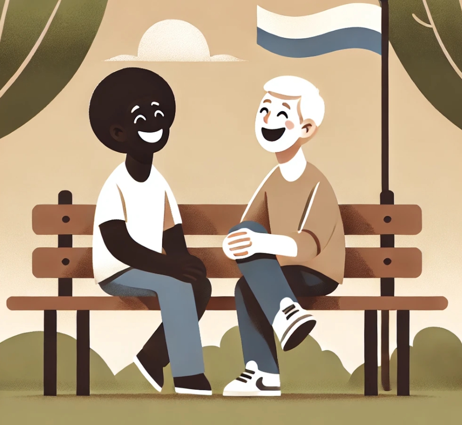 흑인과 백인이 서로 웃으면서 이야기 한다.