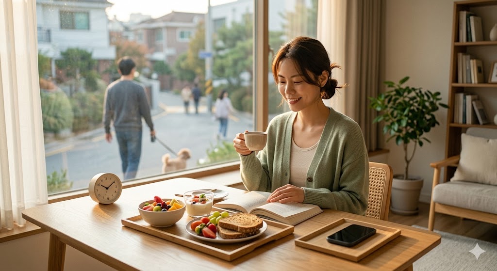 주말 아침 햇살을 즐기며 여유를 찾는 모습