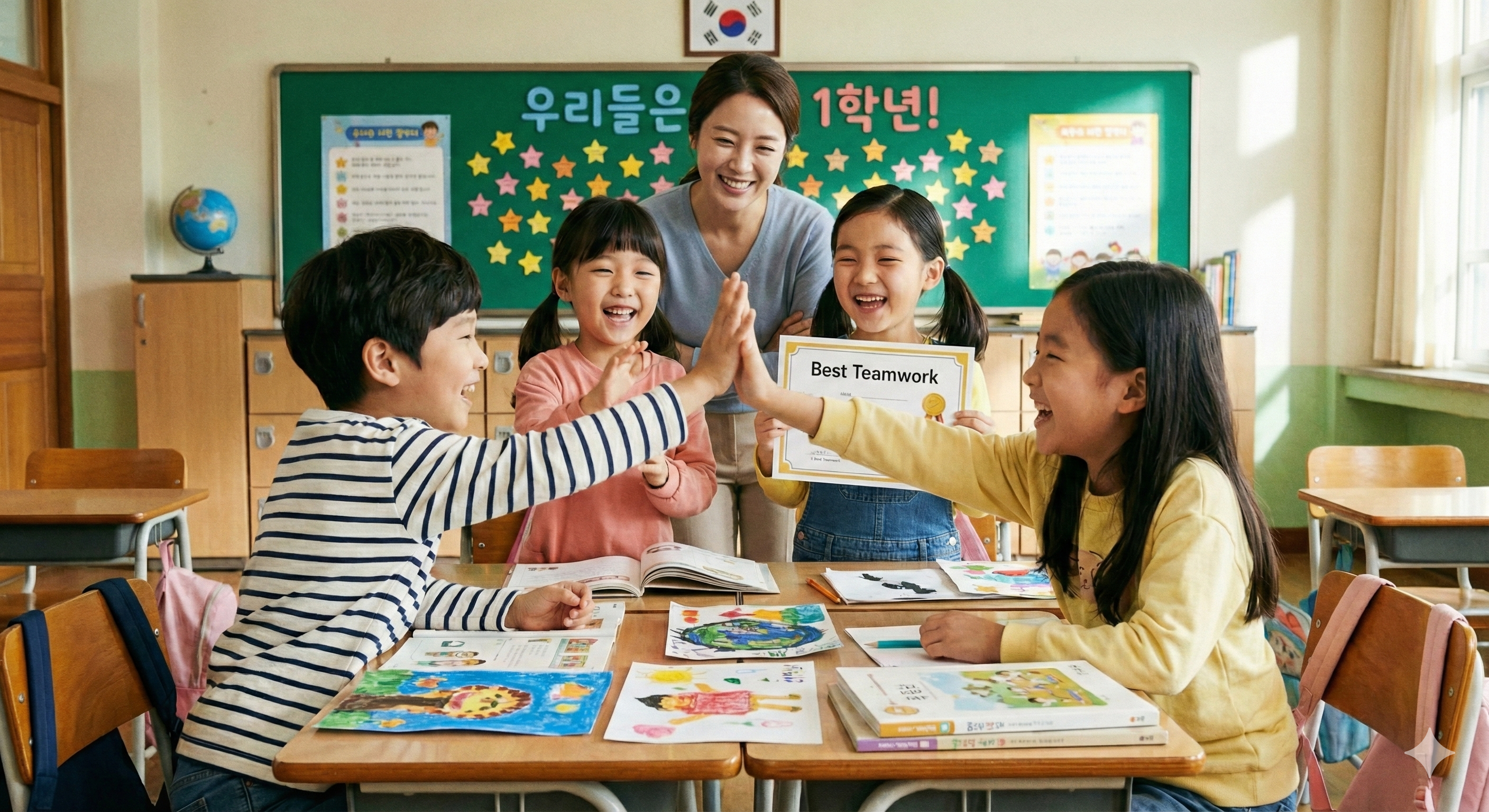 학교생활에 잘 적응한 1한년 학생들과 담임 선생님