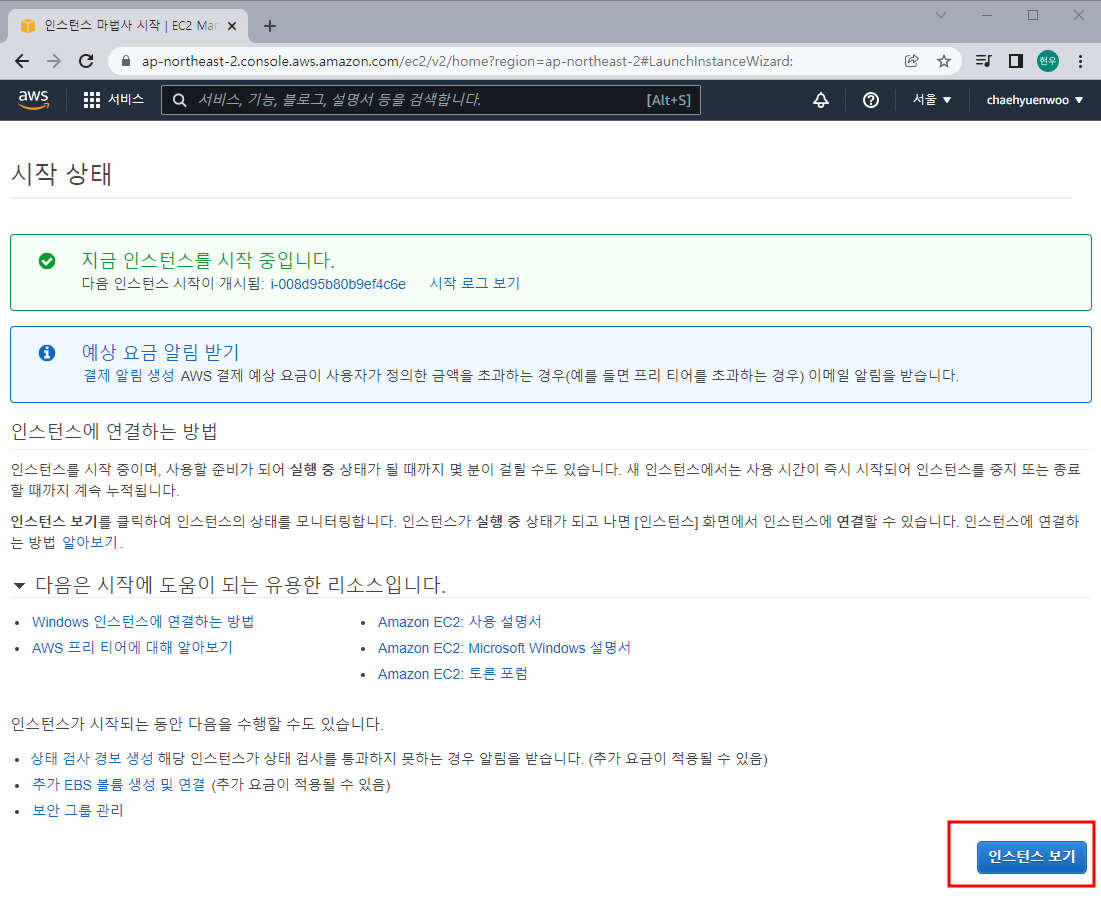 10. 인스턴스 보기 버튼 클릭