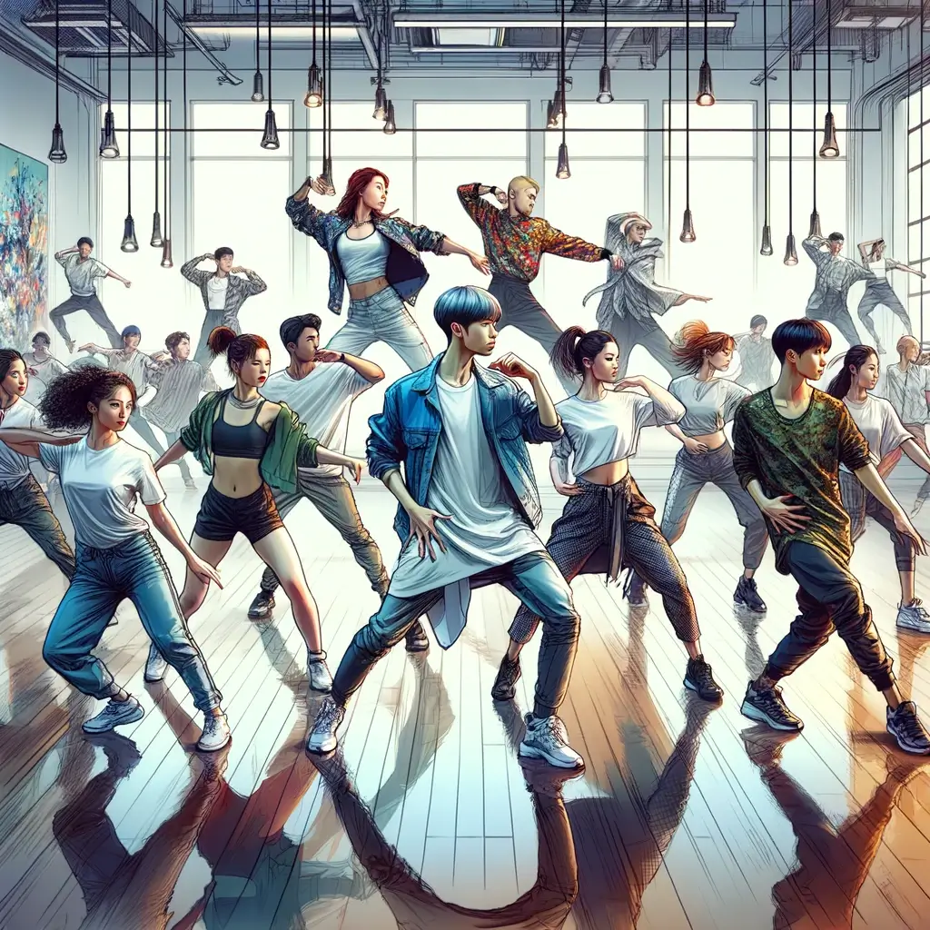 댄스를 통해 스토리텔링의 정수를 담아낸 생동감 넘치는 K-Pop 무대 퍼포먼스를 표현한 이미지입니다.