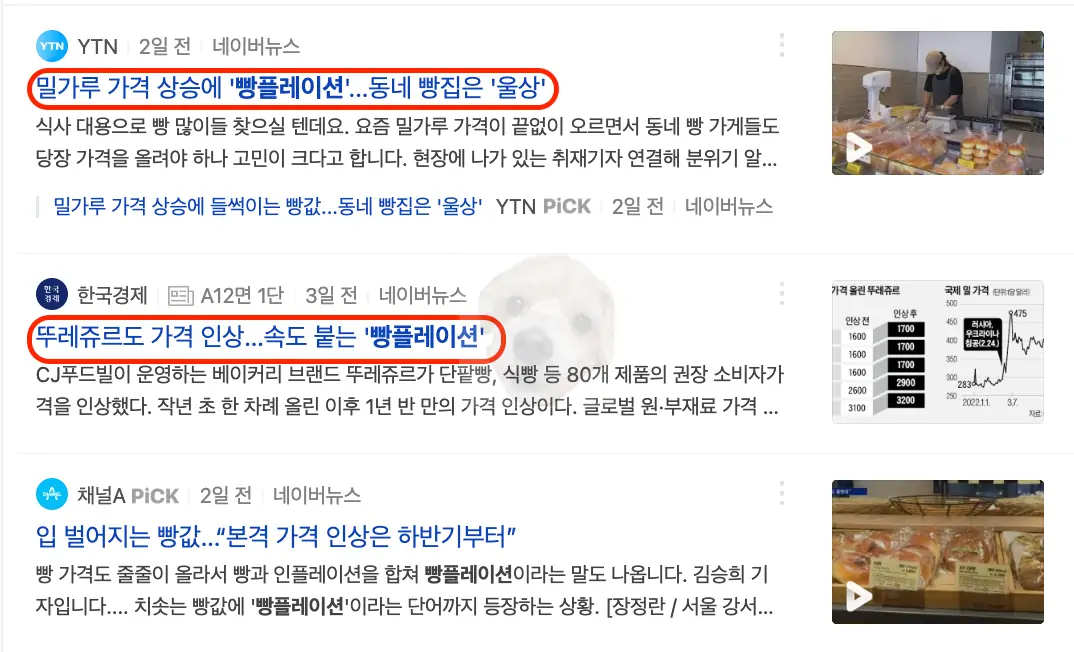 빵플레이션 관련 뉴스 기사 사진