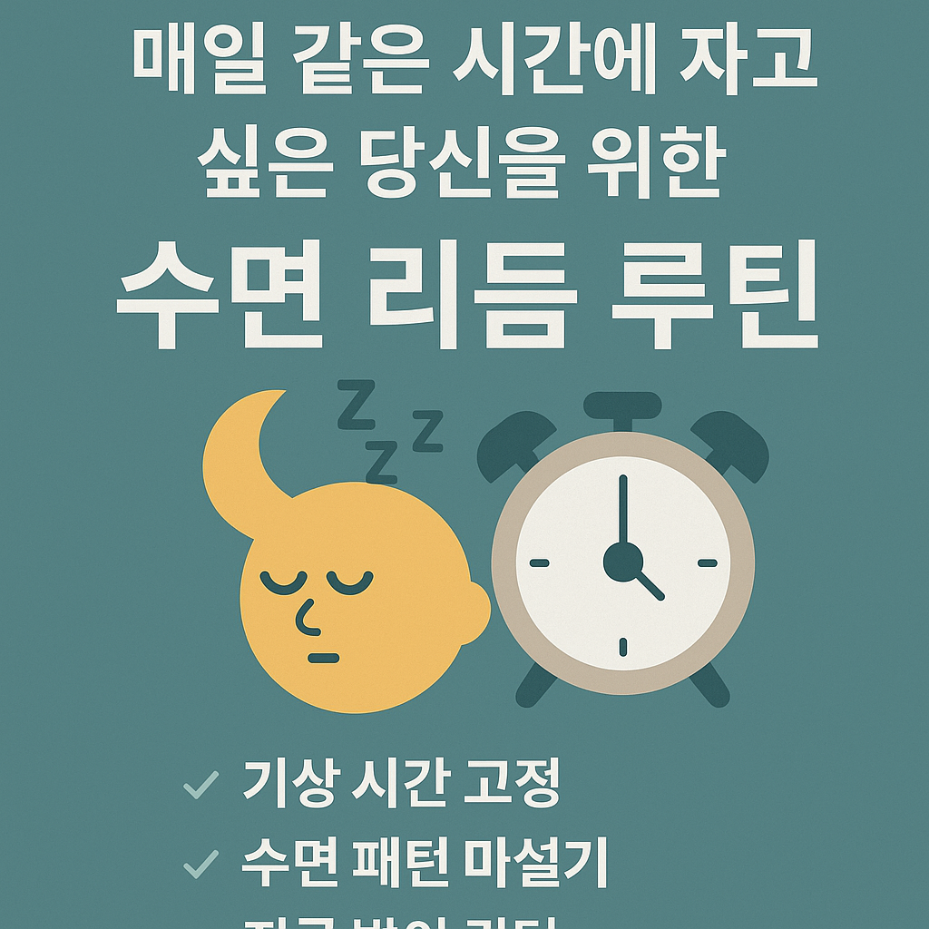매일 같은 시간에 자고 일어나기 위한 수면 리듬 루틴을 안내하는 한국어 인포그래픽 이미지로, 기상 시간 고정, 야간 루틴, 생체시계 조절 요소가 포함된 플랫 스타일 디자인