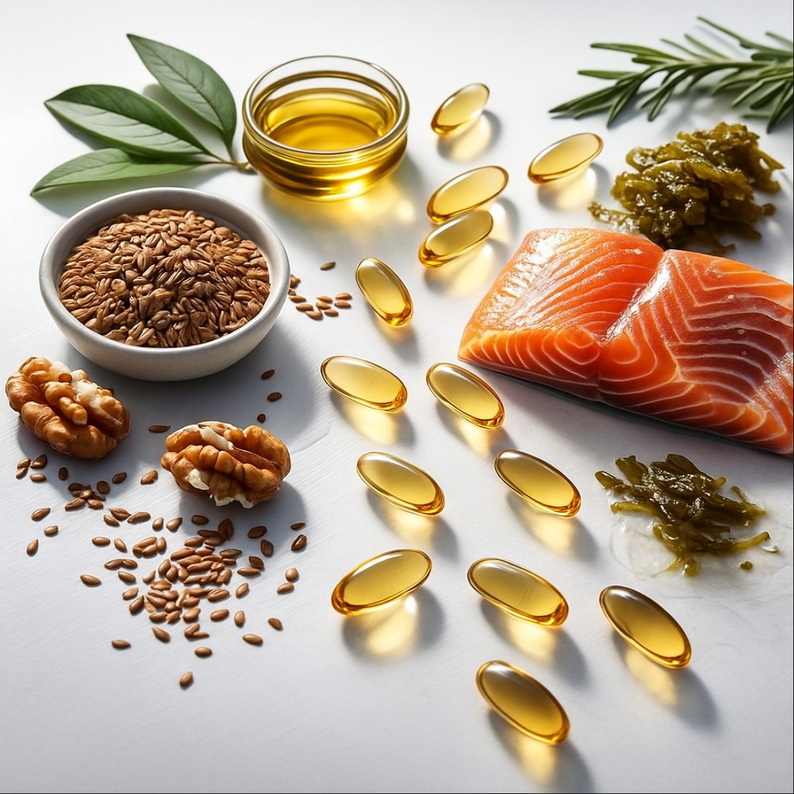 오메가3 식물성과 동물성 원료를 비교한 이미지, 식물성 오메가3와 생선유 오메가3 차이 표현