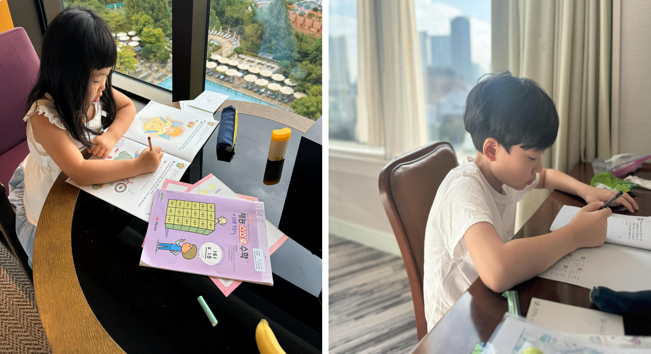 여행 중 조식 후에 숙제를 하는 아이들