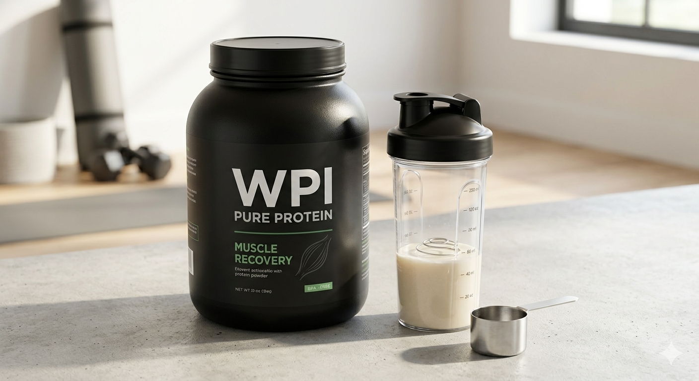 WPI 분리유청단백이라고 적힌 검은색 단백질 보충제 통과 투명한 쉐이커 컵이 깔끔하게 놓여 있는 건강 정보 블로그 이미지