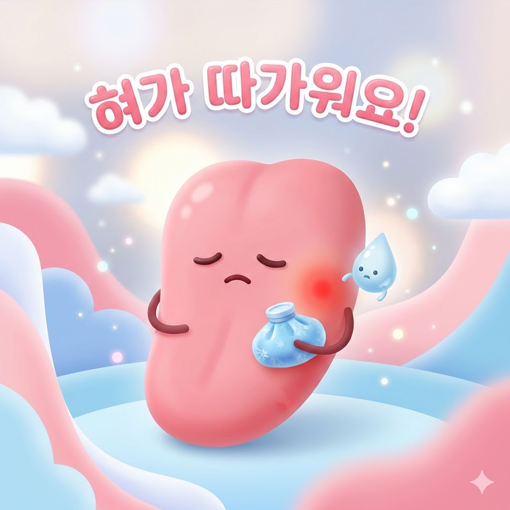 혀가 따가워서 살짝 찡그린 귀여운 혀 캐릭터가 얼음찜질 팩을 들고 있는 모습. 혀통증에 대한 정보를 시각적으로 표현한 3D 카툰 일러스트.