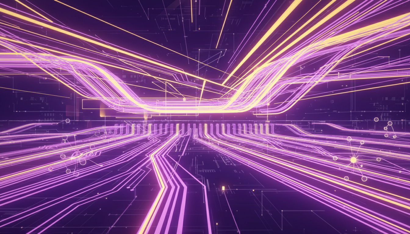 실리콘 웨이퍼 위에서 빛이 이동하는 미세한 광도파로를 표현한 실리콘 포토닉스 기술 이미지