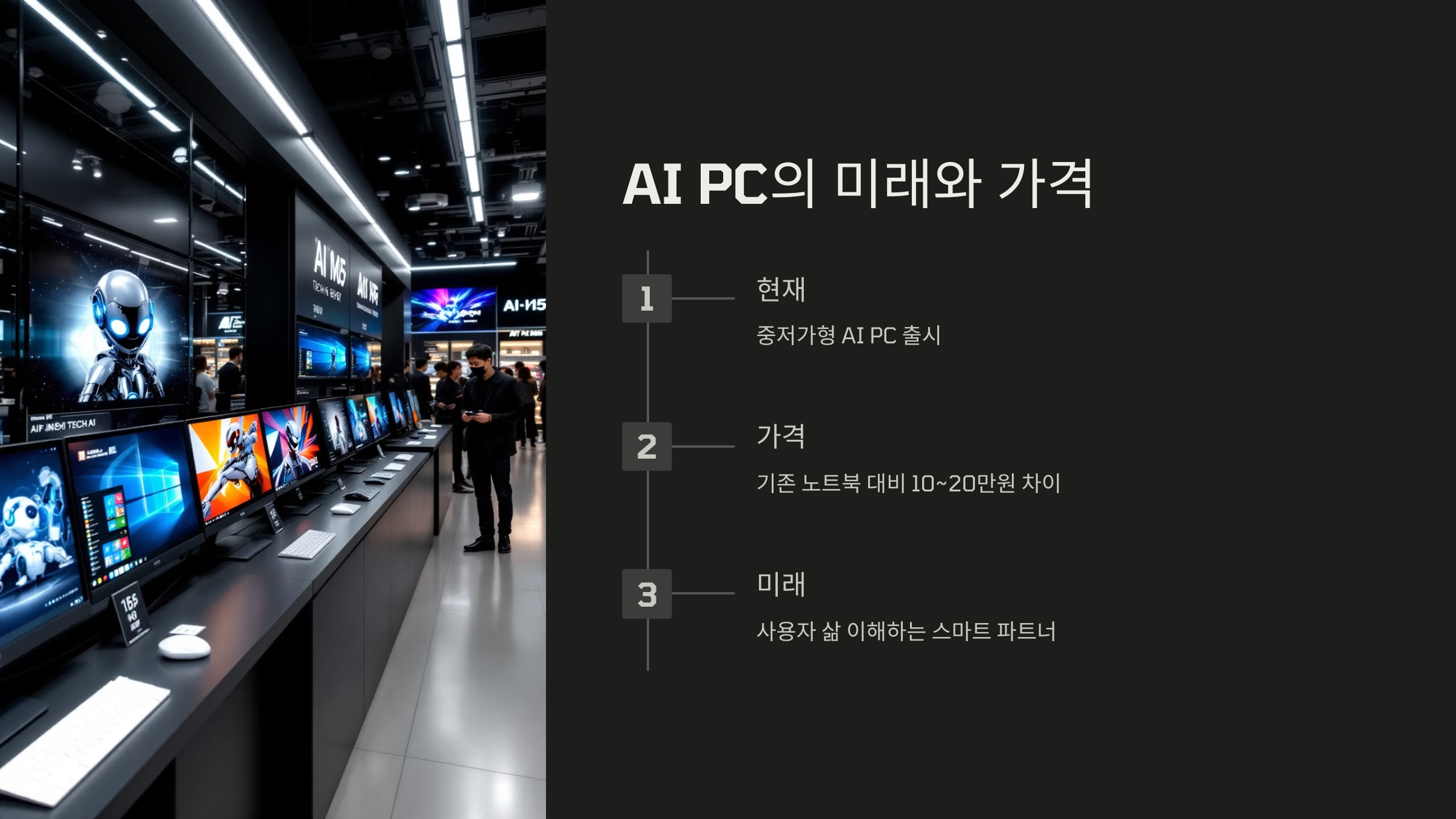 AI PC의 현재와 미래 전망: 중저가형 AI PC 출시, 기존 노트북 대비 가격 차이, 사용자 맞춤형 스마트 파트너로의 발전 안내 이미지