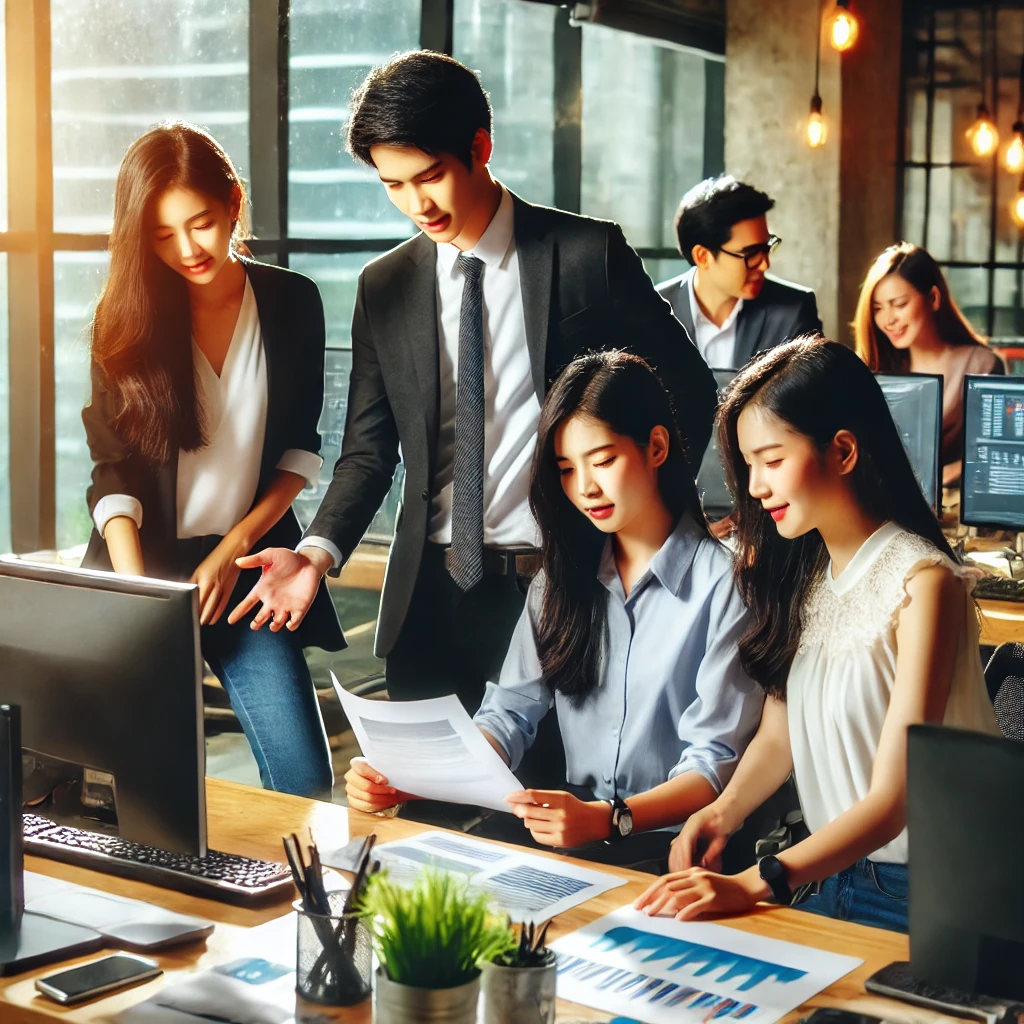 청년 일자리도약 장려금 지원을 받아 정규직으로 근무 중인 청년들의 사무실 근무 모습