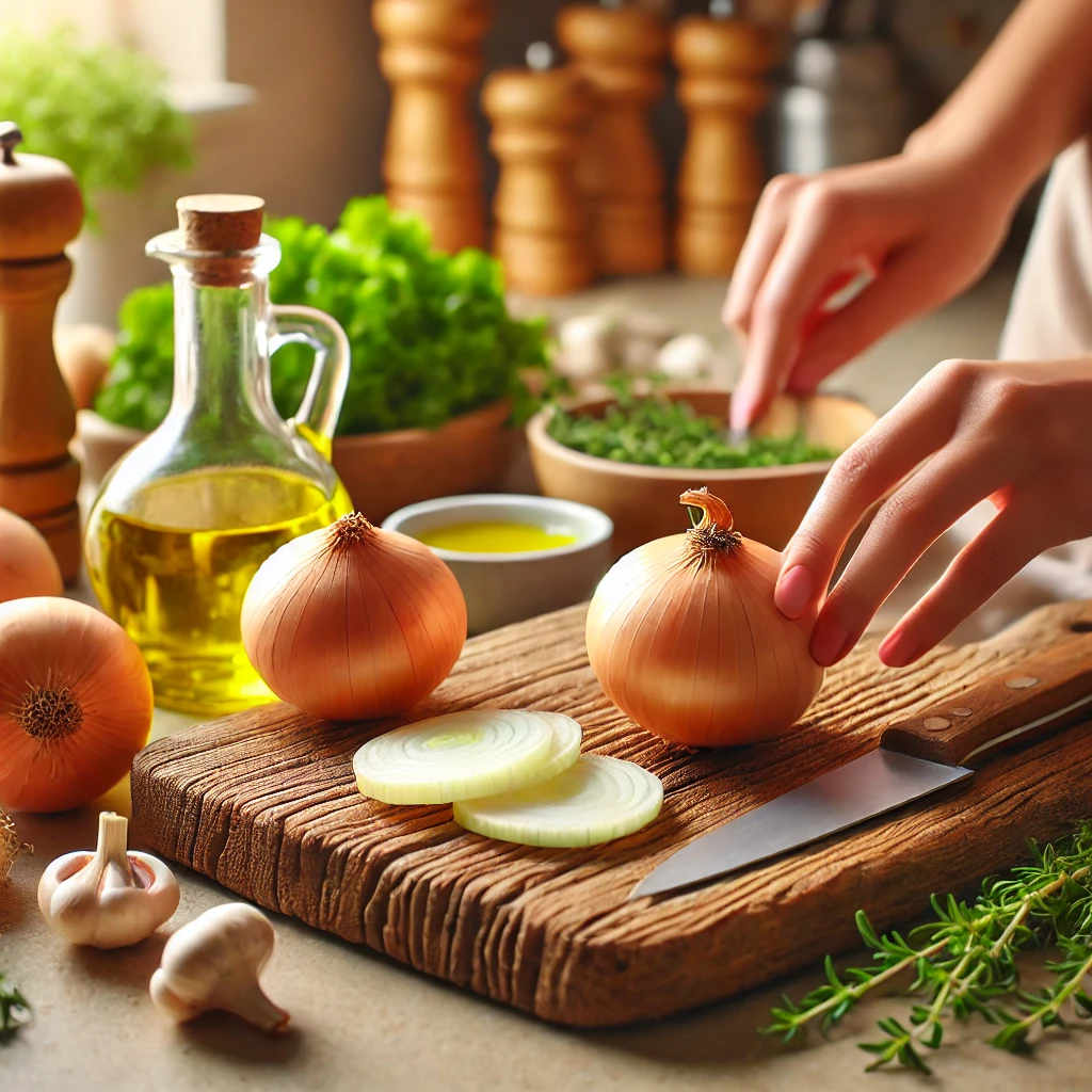 신선한 양파로 요리를 하는 모습