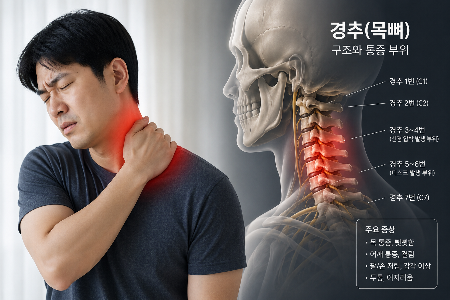목과 어깨 통증으로 불편해하는 남성과 경추(목뼈) 구조를 보여주는 의료 일러스트, 목디스크와 손 저림 관련 설명 이미지